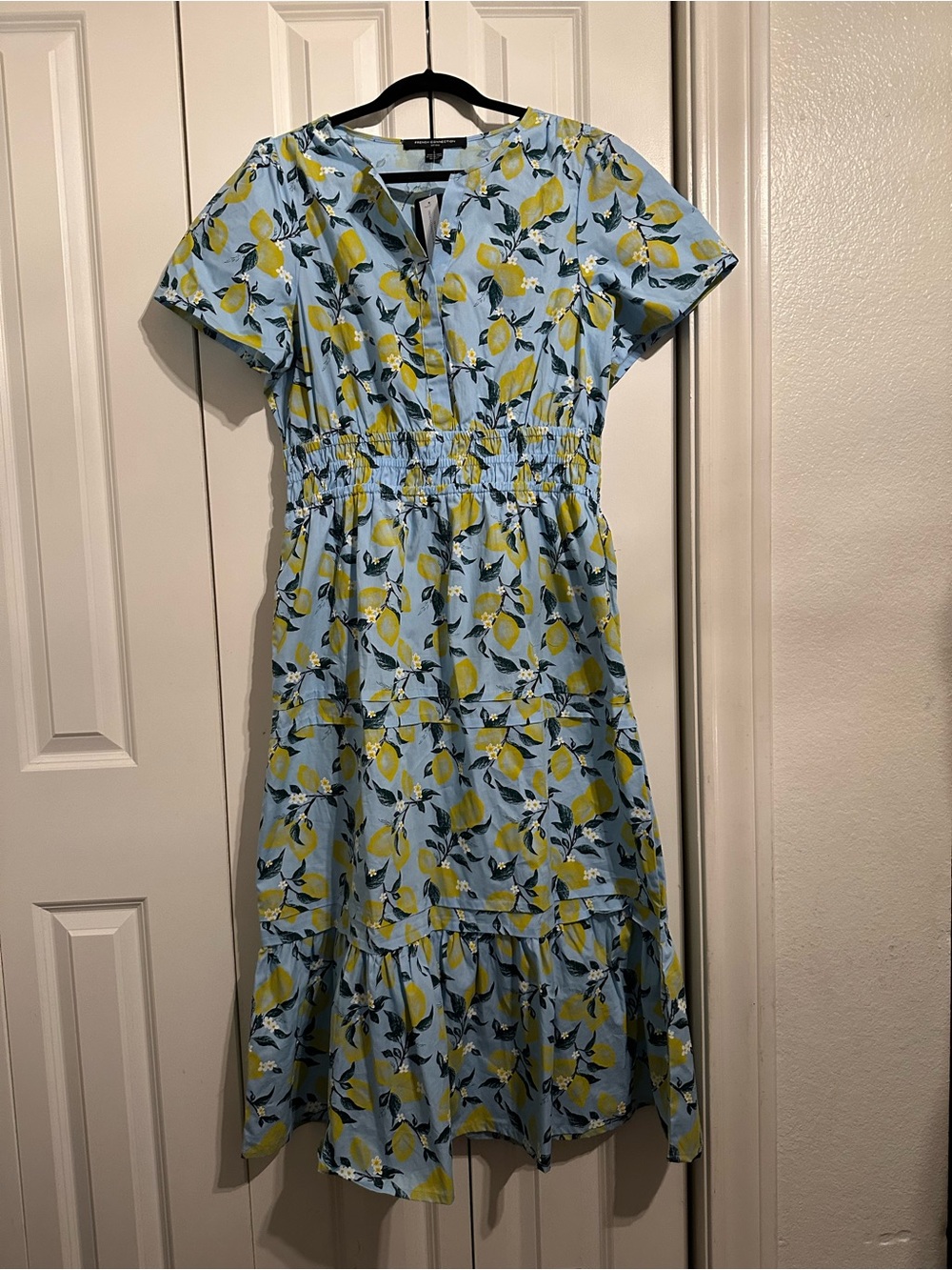 English Factory Light Blue Lemon-Print Tiered Midi Dress